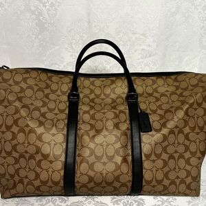 Coach Brown Signature Canvas Duffel with Black Leather Handles